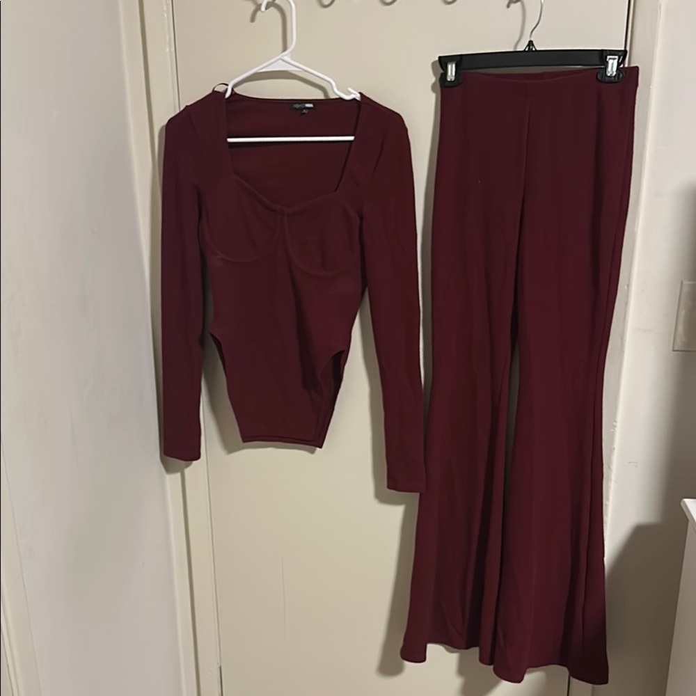 Fashion Nova Burgundy Flare Boot Cut Pants Set
